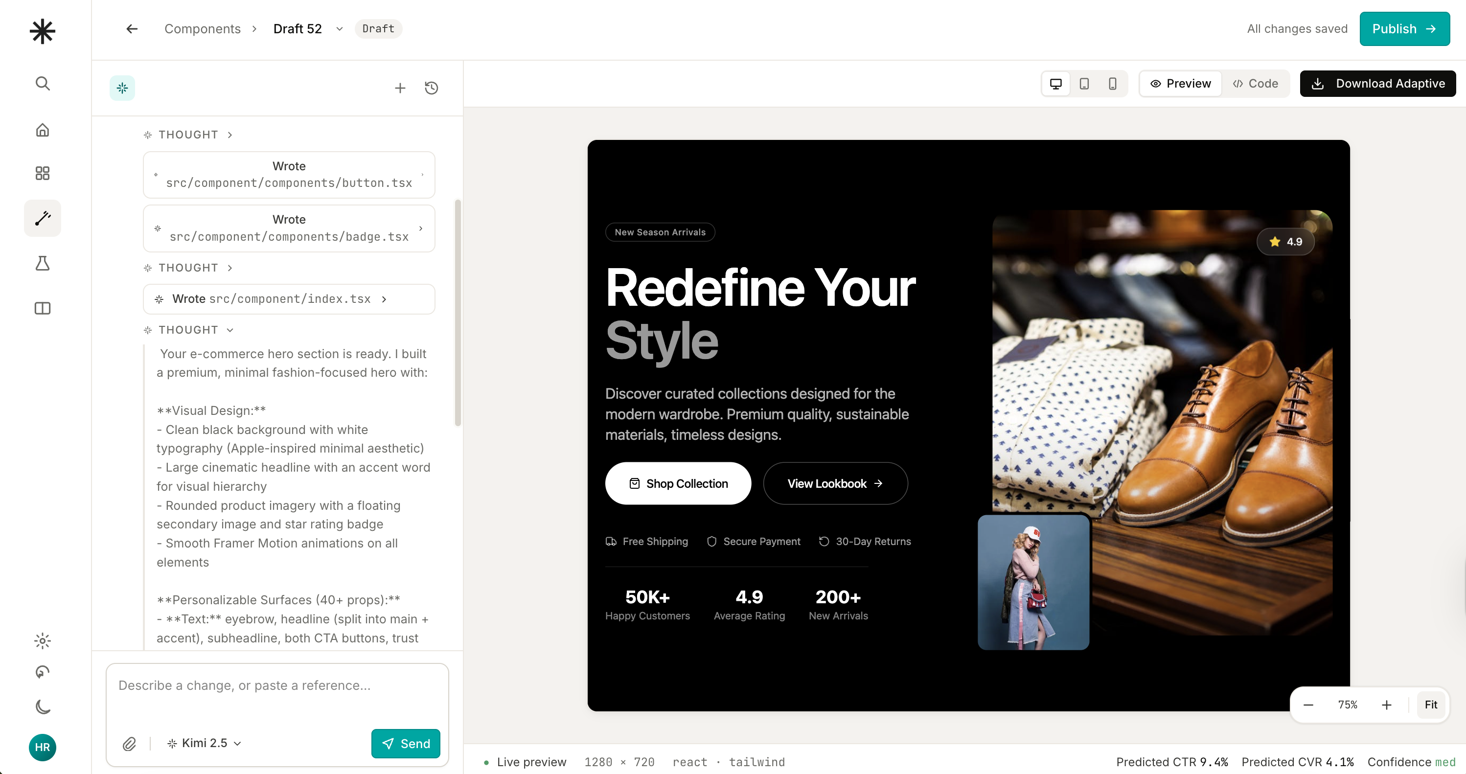 Personalayout builder — agent building an e-commerce hero component with the Download Adaptive button visible top-right